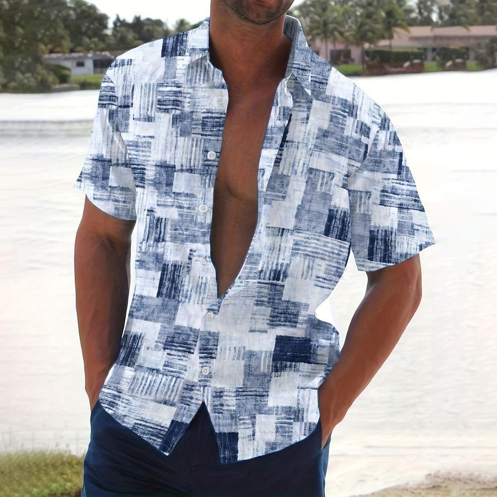 Men's Summer New Loose Print Short Sleeve Shirt Cardigan Beach Shirt