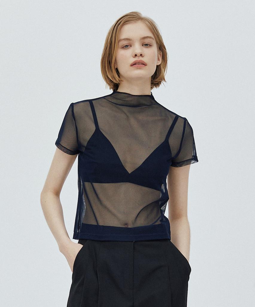 WEARIS Прозрачная сетчатая футболка с коротким рукавом_Темно-синяя