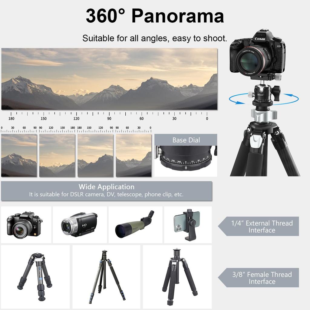 WEYLLAN Шаровая компактная и 5 кг нагрузка 40 мм труба Легкая Высокостабильная Компактная Подходит для различных сцен, таких как и Свободно вращающаяся головка, Вращение на 360°,