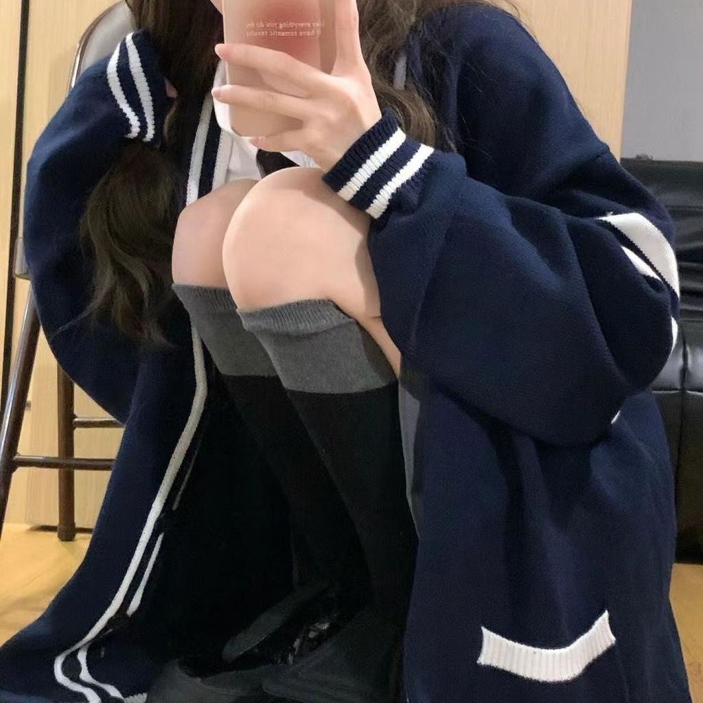 Колледж Стиль Новый Значок Вышивка Контрастный Цвет Свитер Кардиган Для Студенток Универсальный Трикотаж Куртка Модный