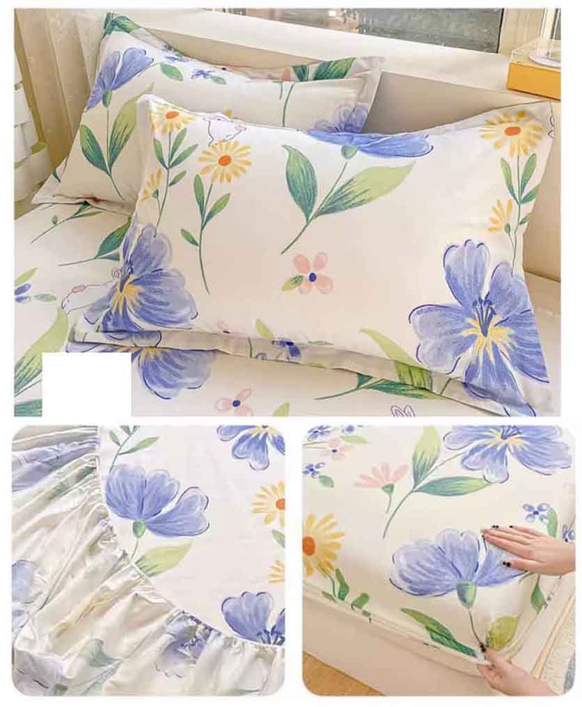 Bed Fitted Sheet + 2pc Pillowcases Bed Cover 100% Cotton Single King Queen Bed Sheet Deep Pocket Mattress Protective Cover B82F