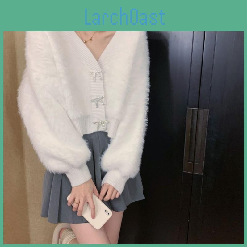 2023 Sweater Female Clothes Cardigan Short Plush Plush Milk Hoopla Design Sense Niche Vneck Solid Sweater Female Tops