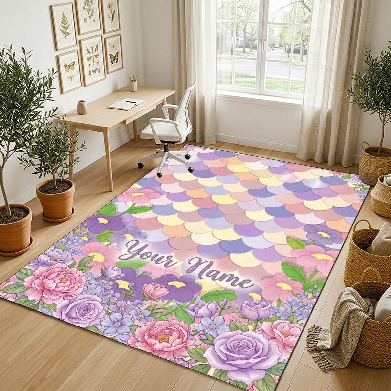 Pastel Floral Theme Soft Crystal Velvet Rug Custom Name & Text Print Non Slip Floor Rug for Bedroom Living Room