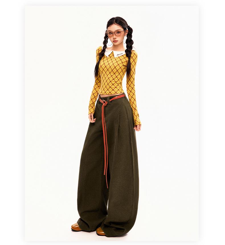 Женские широкие джинсы из коричневого хлопка с высокой посадкой и плиссированным драпированным дизайном - Коллекция 2025