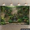 2D Vintage Walled Garden Waterfall with Lush Greenery Backdrop Photo Background