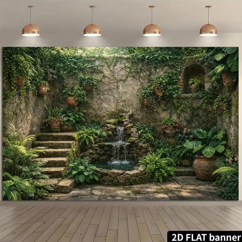 2D Vintage Walled Garden Waterfall with Lush Greenery Backdrop Photo Background
