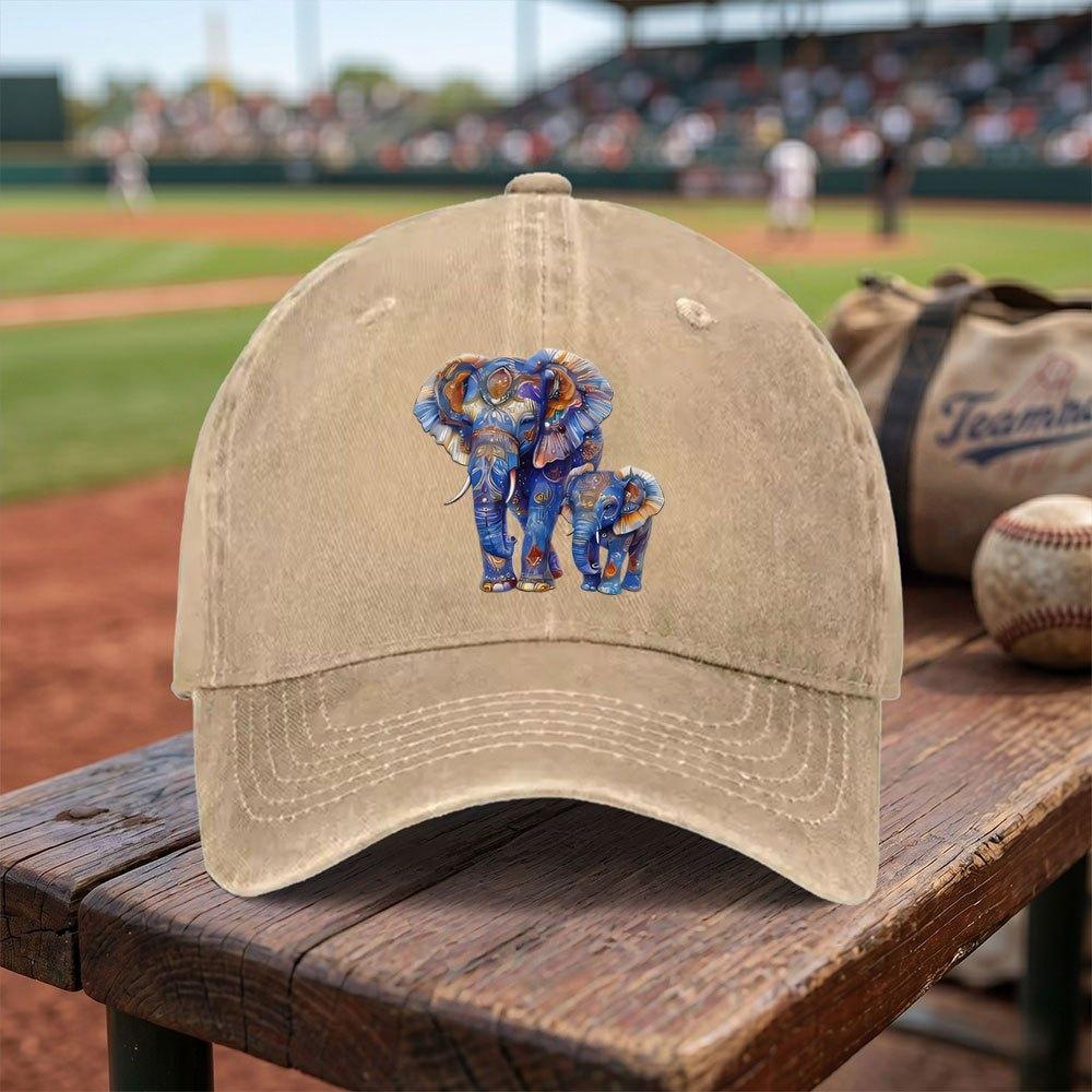 Colorful Blue Gold Elephant Washed Baseball Cap Adjustable Buckle Lightweight Breathable Unisex