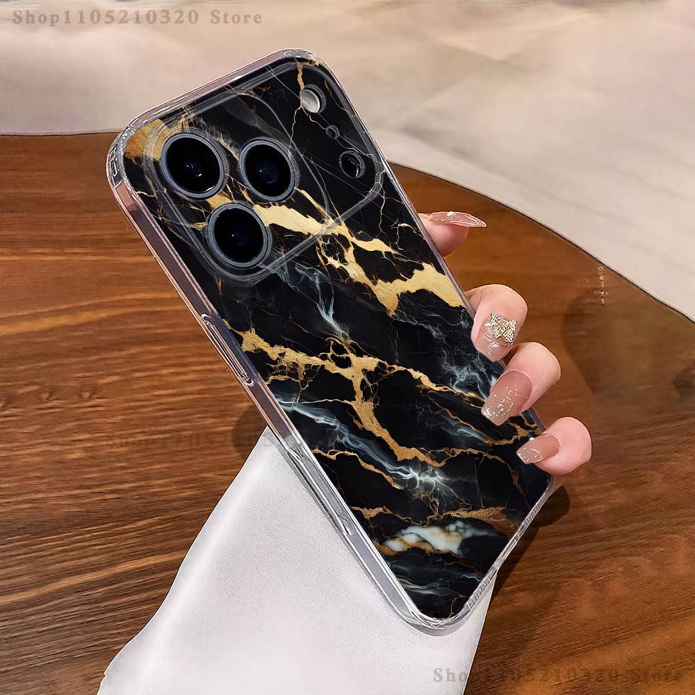 Черно-золотой мраморный арт чехол для телефона iPhone17 16 15 14 13 12 11 Pro Max Plus Mini Прозрачный Полностью задняя крышка Силиконовый мягкий корпус