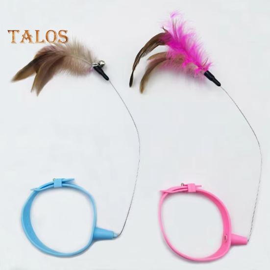 Интерактивная игрушка-ошейник для кошек, дразнящая палочка с разноцветными натуральными перьями и колокольчиком, регулируемый дизайн, самоиграющая игрушка, дразнящая палочка для кошек