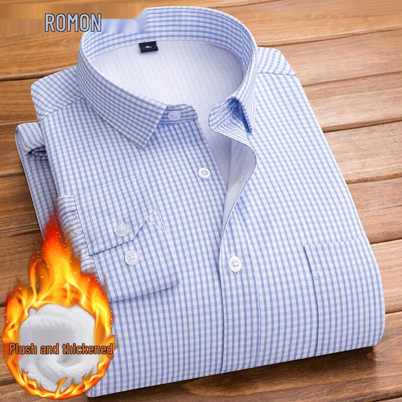 ROMON Men's Fleece-Lined Striped Long-Sleeve Business Casual Shirt
