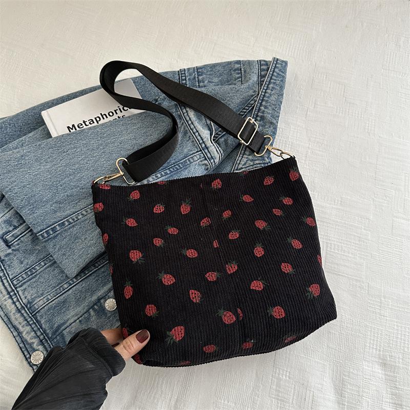 Popular Corduroy Strawberry Printed Bag Women'S Summer Shoulder Messenger Bag Bucket Bag
