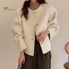 Fall Winter Women Jacket Crew Neck Single-breasted with Side Pockets Loose Short Type Woolen Jacket Shopping Commuting Daily Coat
