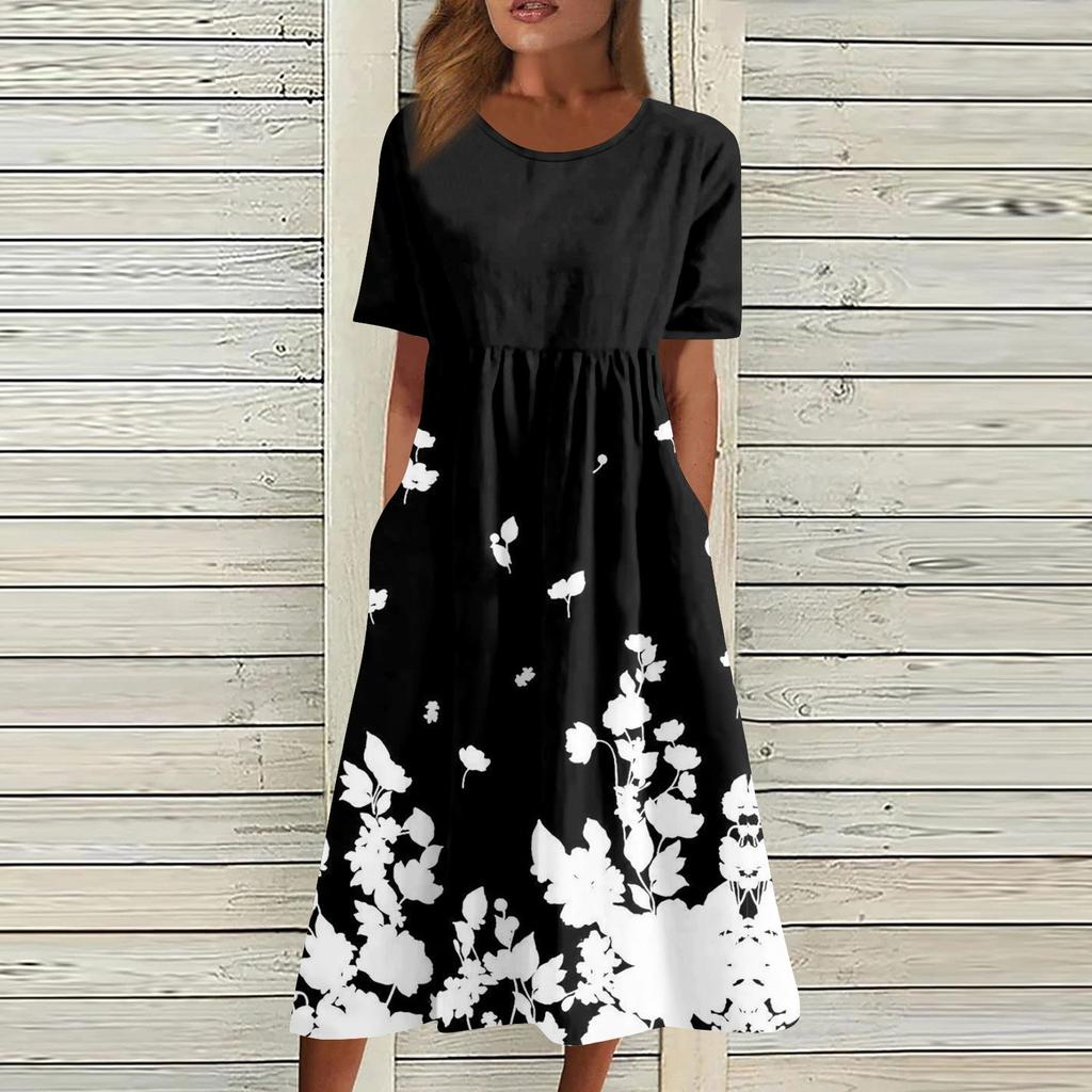 Женское струящееся платье миди в стиле бохо с цветочным принтом, повседневное свободное летнее платье с коротким рукавом для пляжного отдыха и карманами