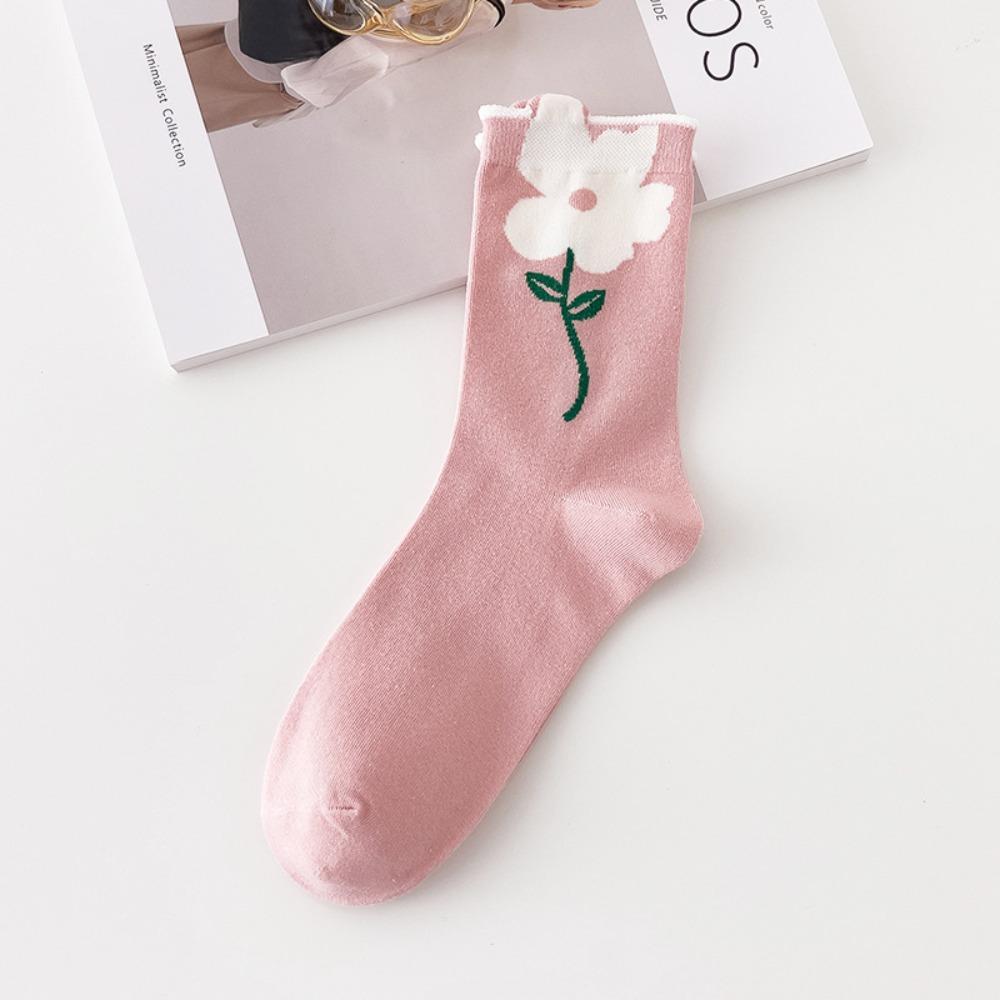 Женские носки конфетного цвета с рисунком тюльпана, носки средней длины для женщин