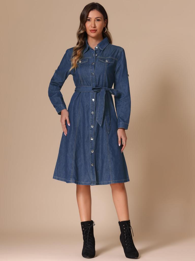 Allegra K Women's Classic Denim Jeans Shirt Dress, Button-Down, Long Sleeves, Belted, Dark Blue, Size XL