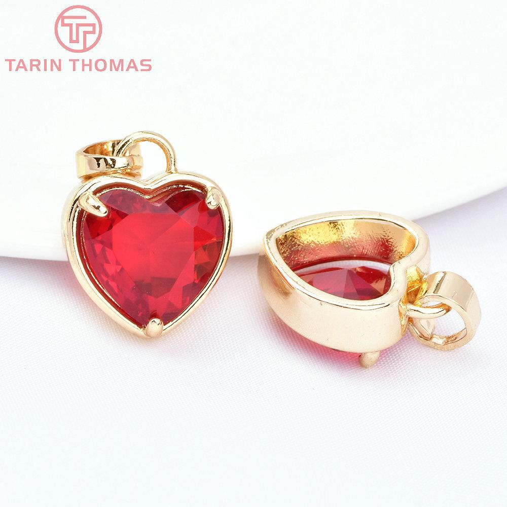 (7518) 6PCS 15x18MM 24K Gold Color Brass with Zircon Heart Charms Pendants High Quality DIY Jewelry Findings Accessories 1