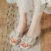 Fashion Mid-heel Sandals New Summer Square Head Shallow Mouth Glitter Butterfly Knot Anti-slip Wear-resistant Slippers