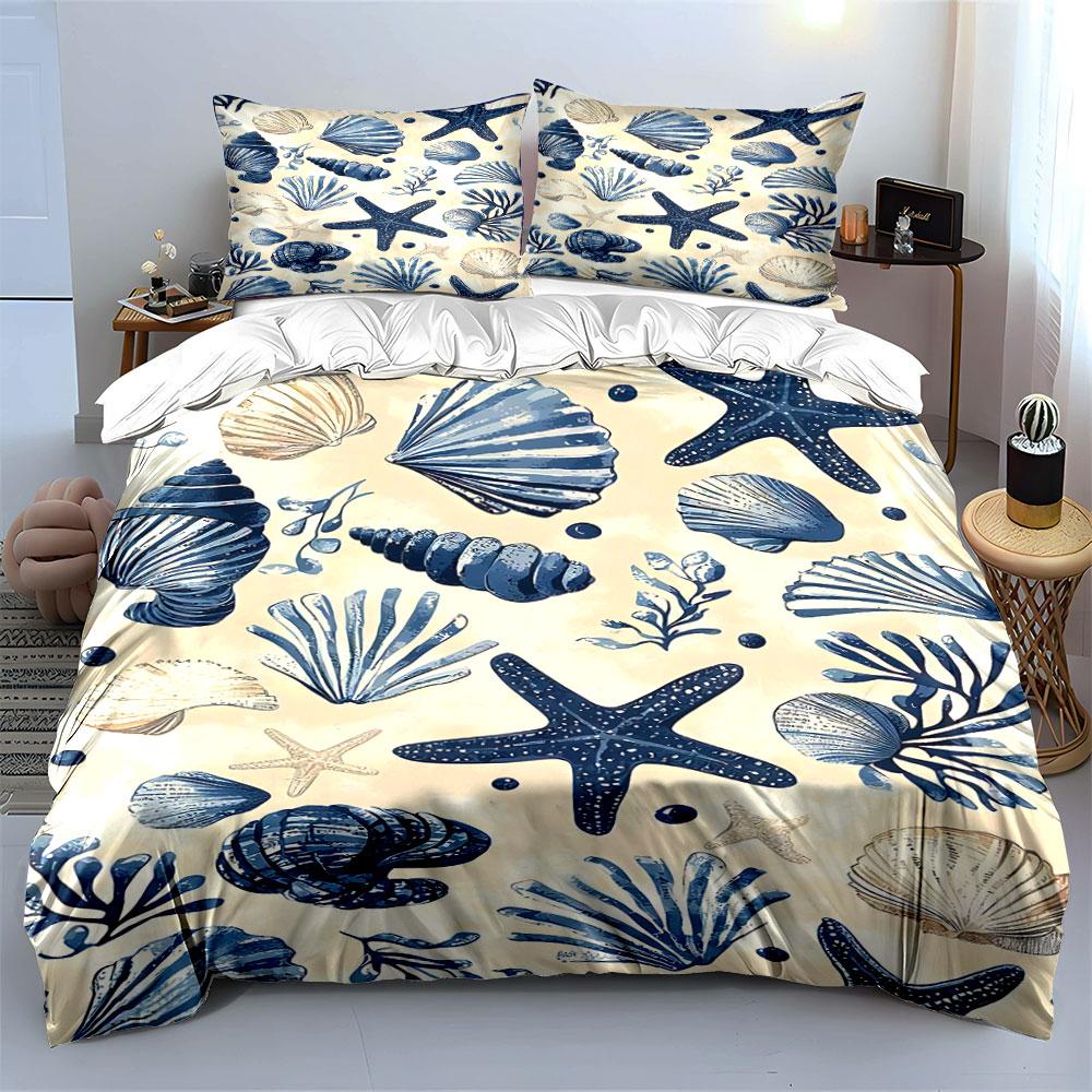 Blue starfish and seashells. Bedding sets Duvet cover sets Duvet covers Pillowcases(1 * Duvet Cover 2 * Pillowcases without duvet insert)