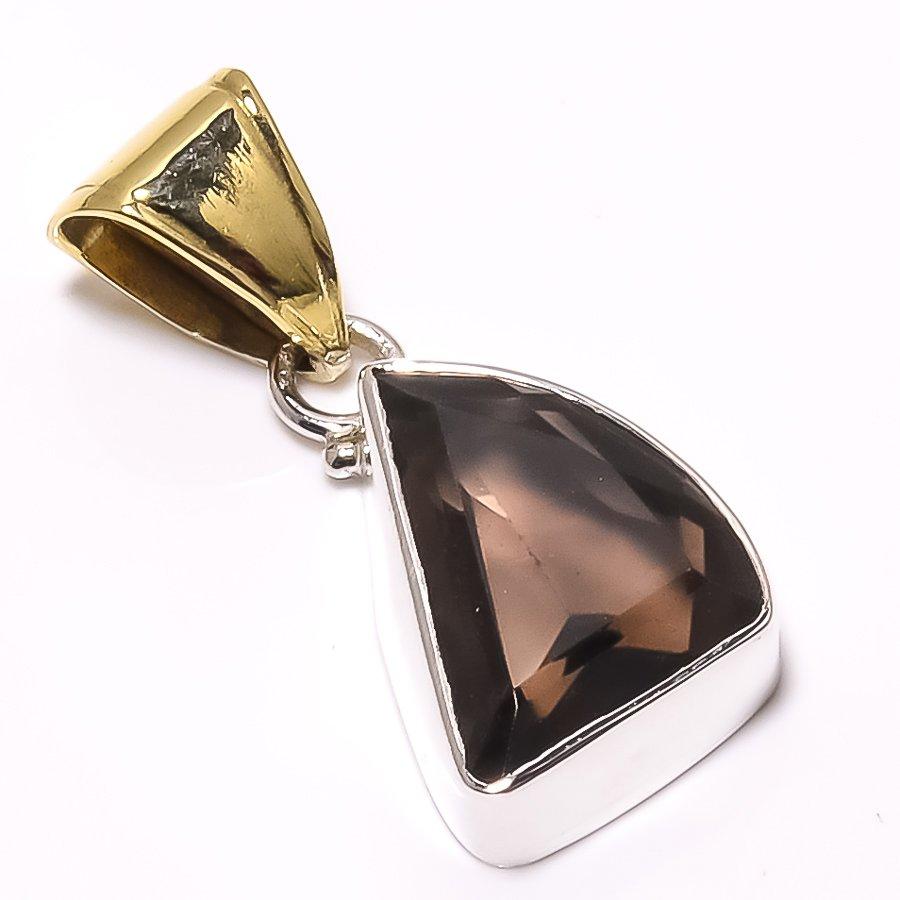 Natural Smoky Quartz Gemstone 925 Sterling Silver Two Tone Pendant 1.34" g4W47