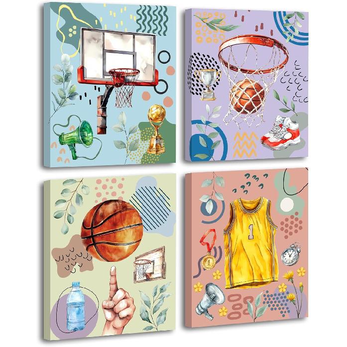 Basketball Graffiti Canvas Wall Art Prints,Graffiti Wall Art Sports Print Wall Decor Set of 3,Retro Colorful Baseball,Soccer,Basketball Print for Boy