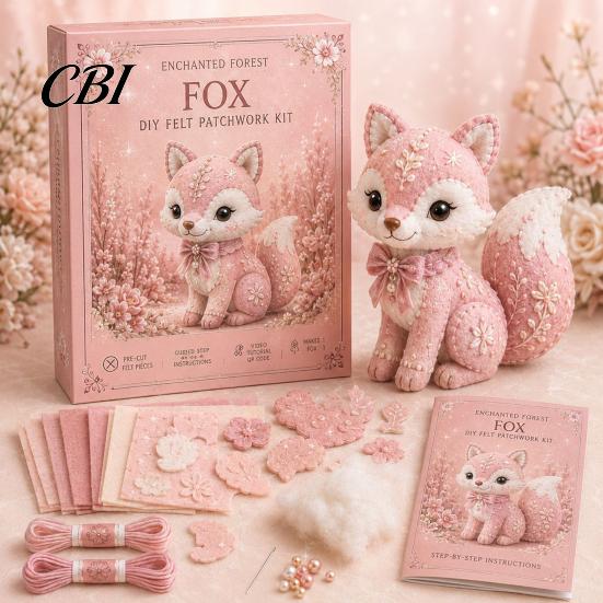 Handmade Gift Idea Pink Animals Patchwork Kit, DIY Felt Woodland Friends Sewing Project, 3D Cute Creative Hobby Kit Art Craft for Beginners Home Decor