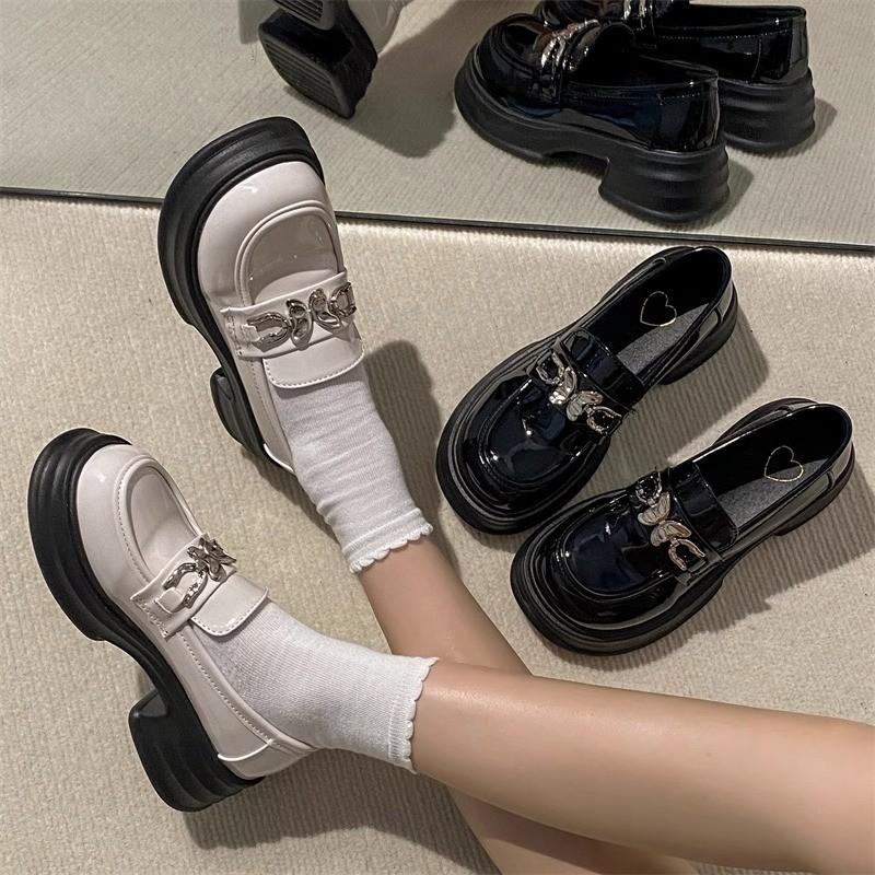 Черные маленькие кожаные туфли Мэри Джейн с юбкой в ​​британском стиле на толстой подошве, женские летние лоферы на толстом каблуке, новинка 2024 года
