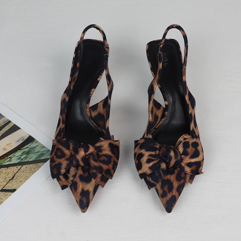 Мода Лето Сексуальный Леопардовый Принт Женские Босоножки на Высоком Каблуке Дизайнерские Элегантные с Бантом Острый Носок Платье Вечеринка Шпилька Женская Обувь