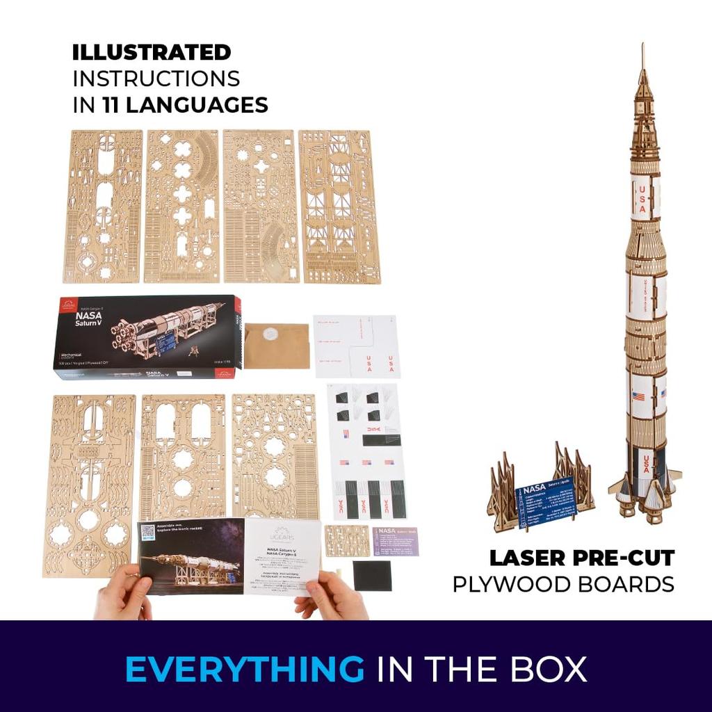 Ugears NASA Saturn V 70257 Wooden Puzzle, No Glue or Tools Required, 3D Puzzle for Adults