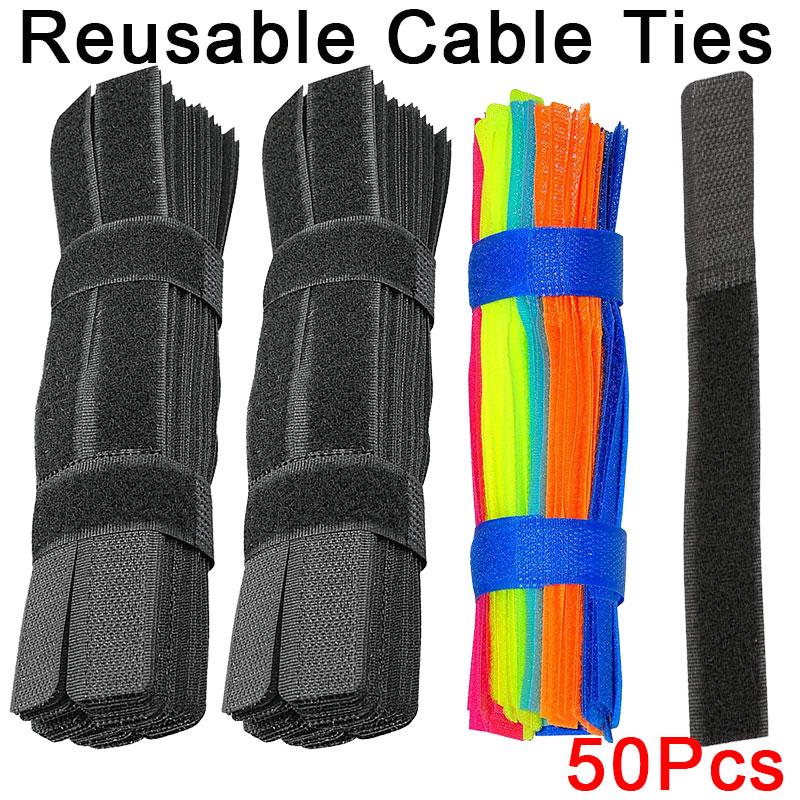 50PCS Reusable Cable Ties Hook and Loop Fastener Cable Tape Cord Tie Self-Adhesive Securing Straps Organizer Cable Management