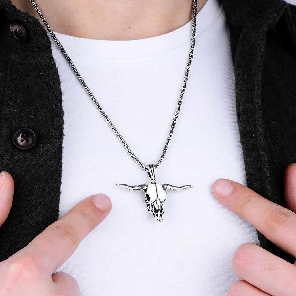 Мужское серебряное ожерелье с подвеской в ​​виде черепа быка с византийской цепочкой, роскошные байкерские украшения, уникальный подарок для него