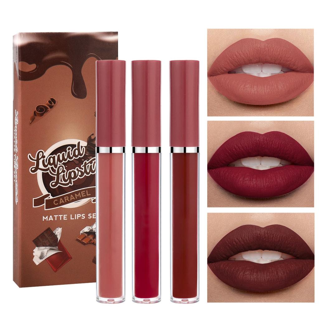 Набор из 3-х антипригарных блесков для губ. Бархатная помада, водостойкий невыцветающий блеск для губ, антипригарный, с чистым цветом.