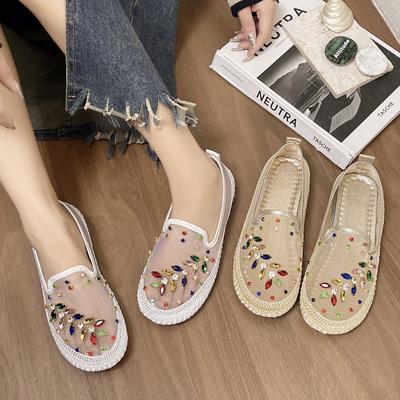 Женские туфли-рыбаки со стразами 2024 года, весна-лето, новая корейская версия, сетчатая круглая носовая часть, низкий каблук, повседневные удобные туфли Doudou