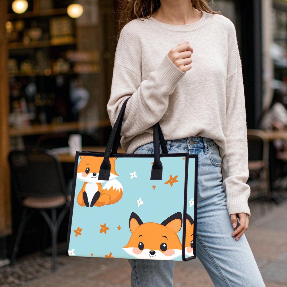 Cute Fox Printed Tote Bag Fashion Casual Daily Handbag Lightweight Portable Shopping Shoulder Bag