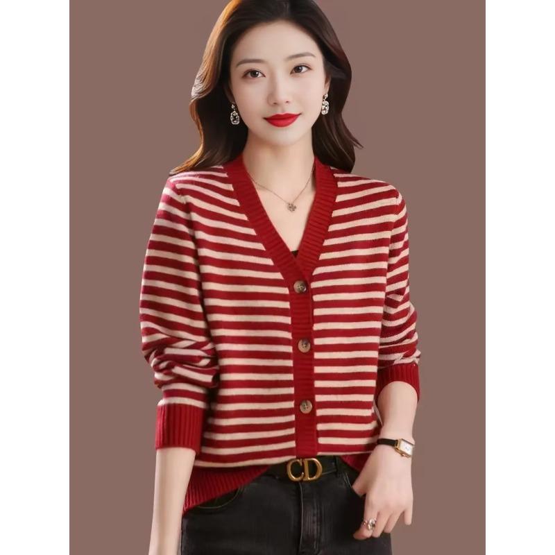 Мамин кардиган Весна Осень и Зима Полосатый воротник Куртка Новый женский вязаный топ
