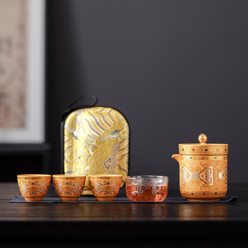 Dunhuang merchandise travel tea set, purple sand yellow mud, a pot of four cups of express cup creative business souvenir
