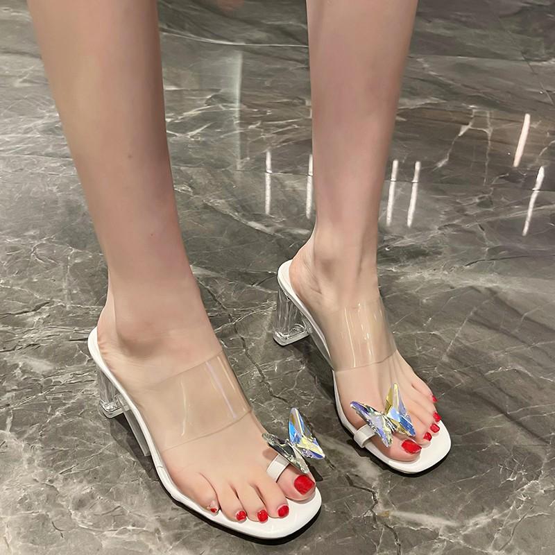 Летние шлепанцы, женские прозрачные тапочки, женские туфли на каблуке со стразами, босоножки в иностранном стиле, босоножки на среднем каблуке, высокие