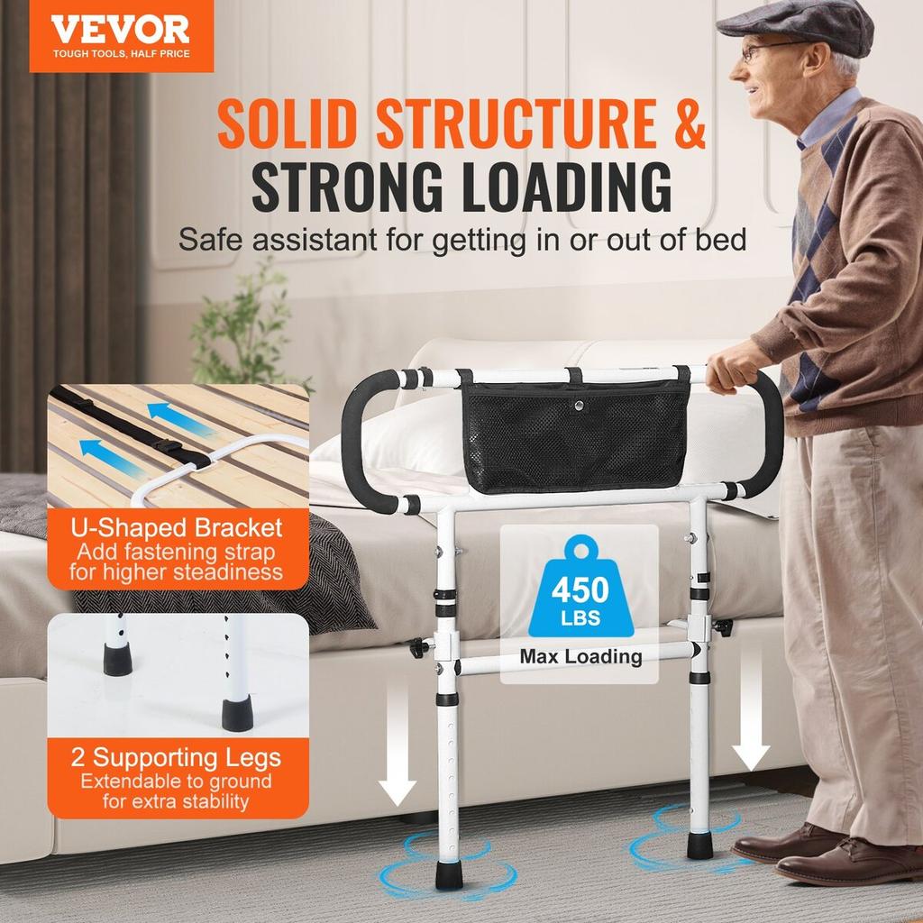 Bed Rails for Elderly Adults, 180° Foldable Bed Assist Rails for Seniors, 450LBS Loading Bed Side Rails Bed Cane with 4-Level Adjustable Handle,
