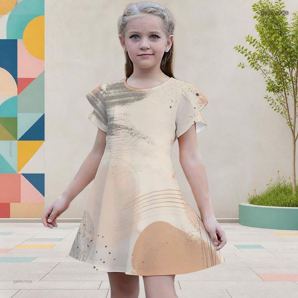 Little Girls Round Neck Flutter Sleeve Leaf Printed A Line Flared Dress