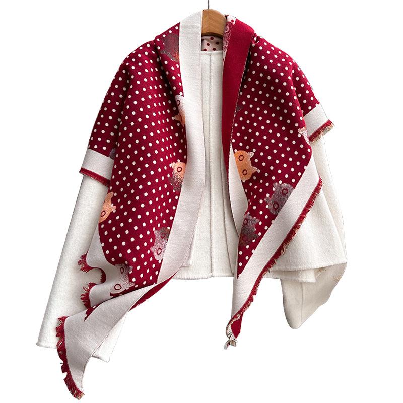 Autumn And Winter Triangle Scarf Polka Dot Kitten Print Double-Sided Warm Scarf Shawl Outer Cover Women