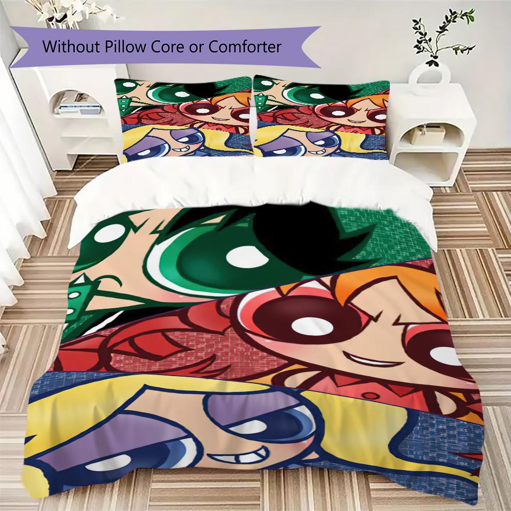 1PC The Powerpuff Girls Bedding Quilt Set Quilt Cover Pillowcase Home Decoration Birthday Gift (1 * duvet cover + 2 * pillowcase, without core)A9