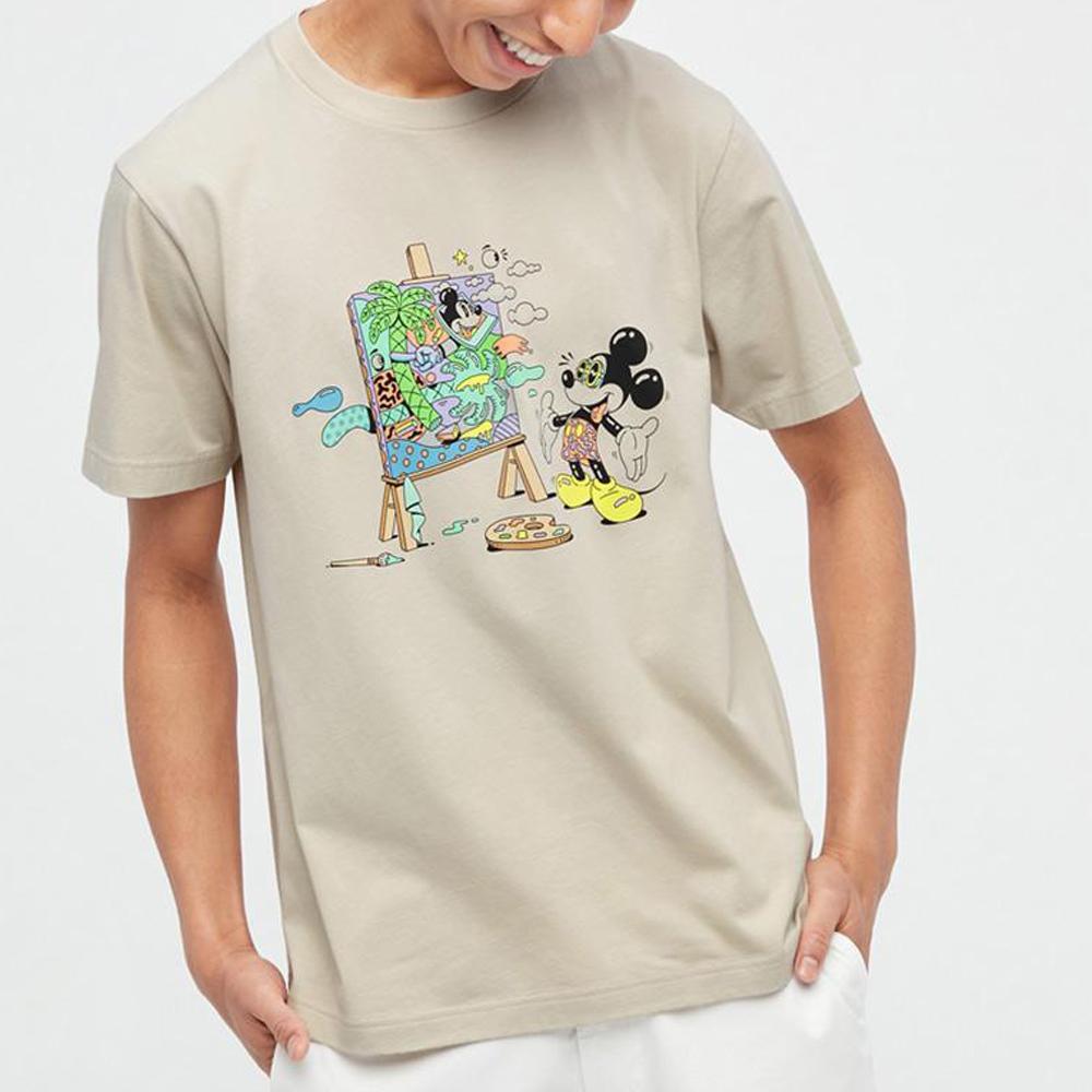 Uniqlo X Стивен Харрингтон Микки Мультяшный Принт Футболка с коротким рукавом Унисекс Топы Светло-бежевый 445593-30