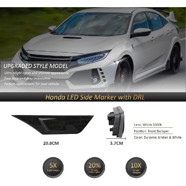 Bestview 2 шт. Боковые габаритные огни Для Honda Civic 10-го поколения Coupe Hatchback 2016-: Светодиодные боковые габаритные огни переднего бампера и крыла с дымчатым стеклом, 6000K Белый LED