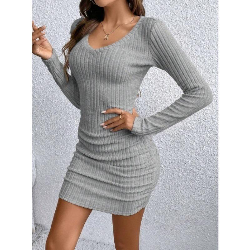 Women S Long Sleeve V Neck Bodycon Mini Dress Solid Color