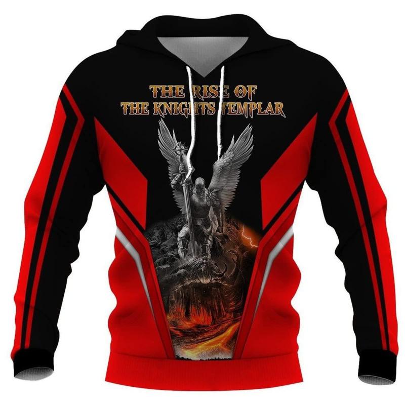 Инновационная крутая толстовка с капюшоном в стиле рыцаря, мужская мода, повседневная толстовка с длинными рукавами и принтом рыцаря в стиле средневековья, свитер-пуловер