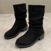 Fashion Mid Calf Slouchy Boots for Women - Comfortable Round Toe, Slip-On, Mid Heel, Platform, Fabric Upper, TPR Sole, Classic Design Fo