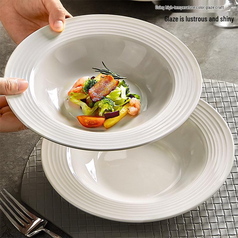 Набор из двух 8,75-дюймовых тарелок из чистого белого ребристого керамического материала для пасты/западных блюд