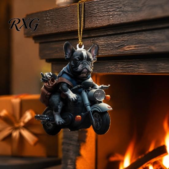 Lightweight Backpack Keychain Puppy Riding Motorcycle Car Pendant, 2D Flat Acrylic Rearview Holiday Gift for Dog Lovers Mirror Hanging Charm,