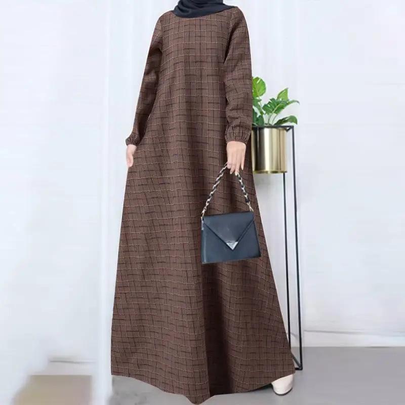 In-Stock Women's Cotton Linen Plaid Long Sleeve Maxi Dress - Casual Loose-Fit for Spring/Autumn