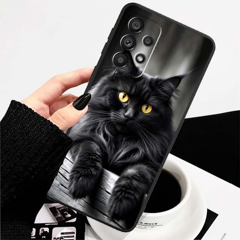 Аниме мультяшный кот иллюстрация Для Samsung A73 A72 A71 A55 A54 A53 A52 A51 A13 A22 A16 A15 A12 A14 A26 A07 5G Черный чехол для телефона