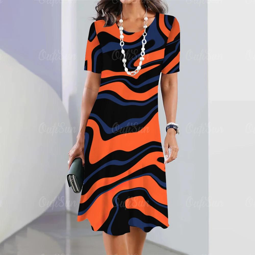 Summer Woman Dresses Women's Round Neck Short Sleeves Clothing Irregularly Streak Print Dress Clothing Loose Pullover Streetwear